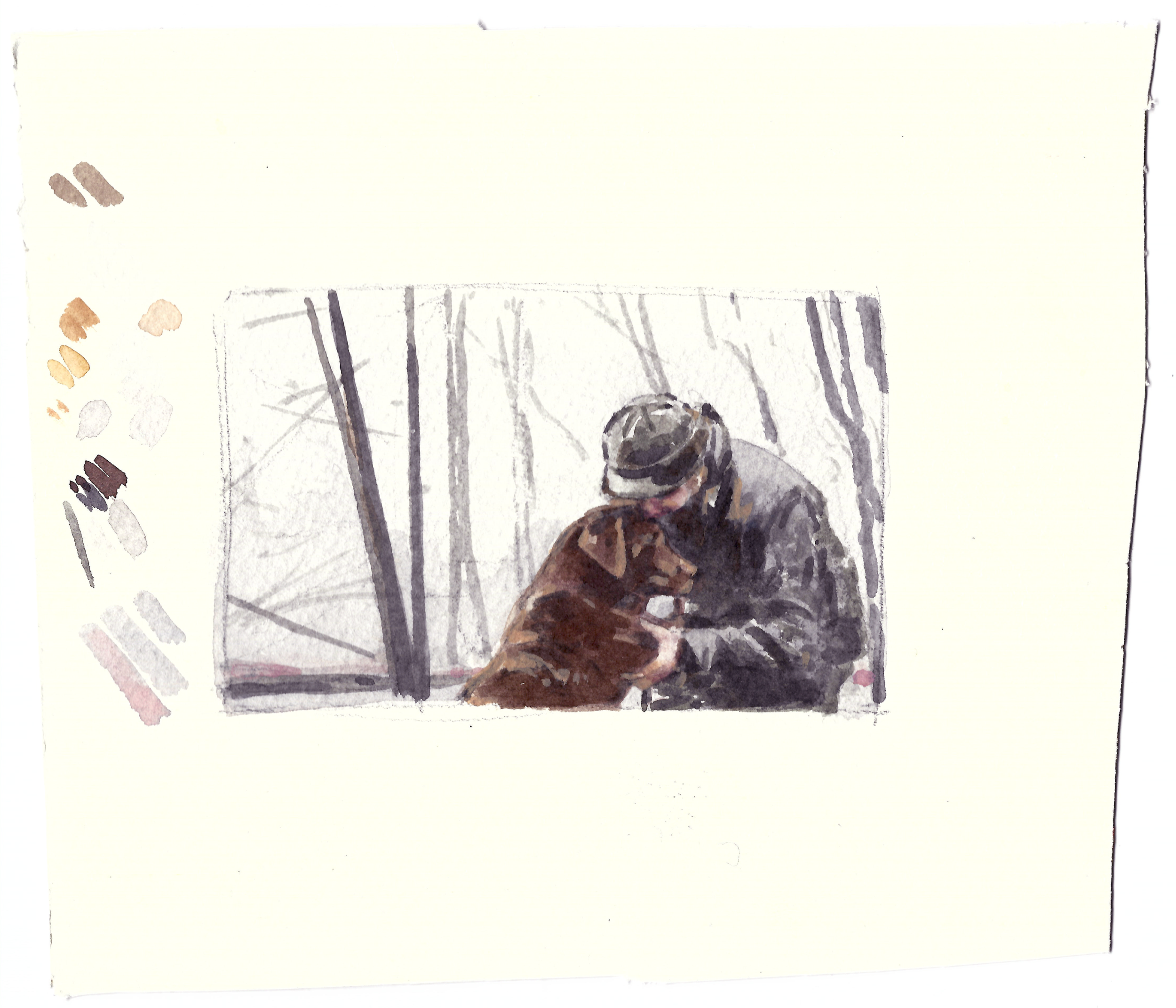 Teal Blake illustration of a hunter and his dog