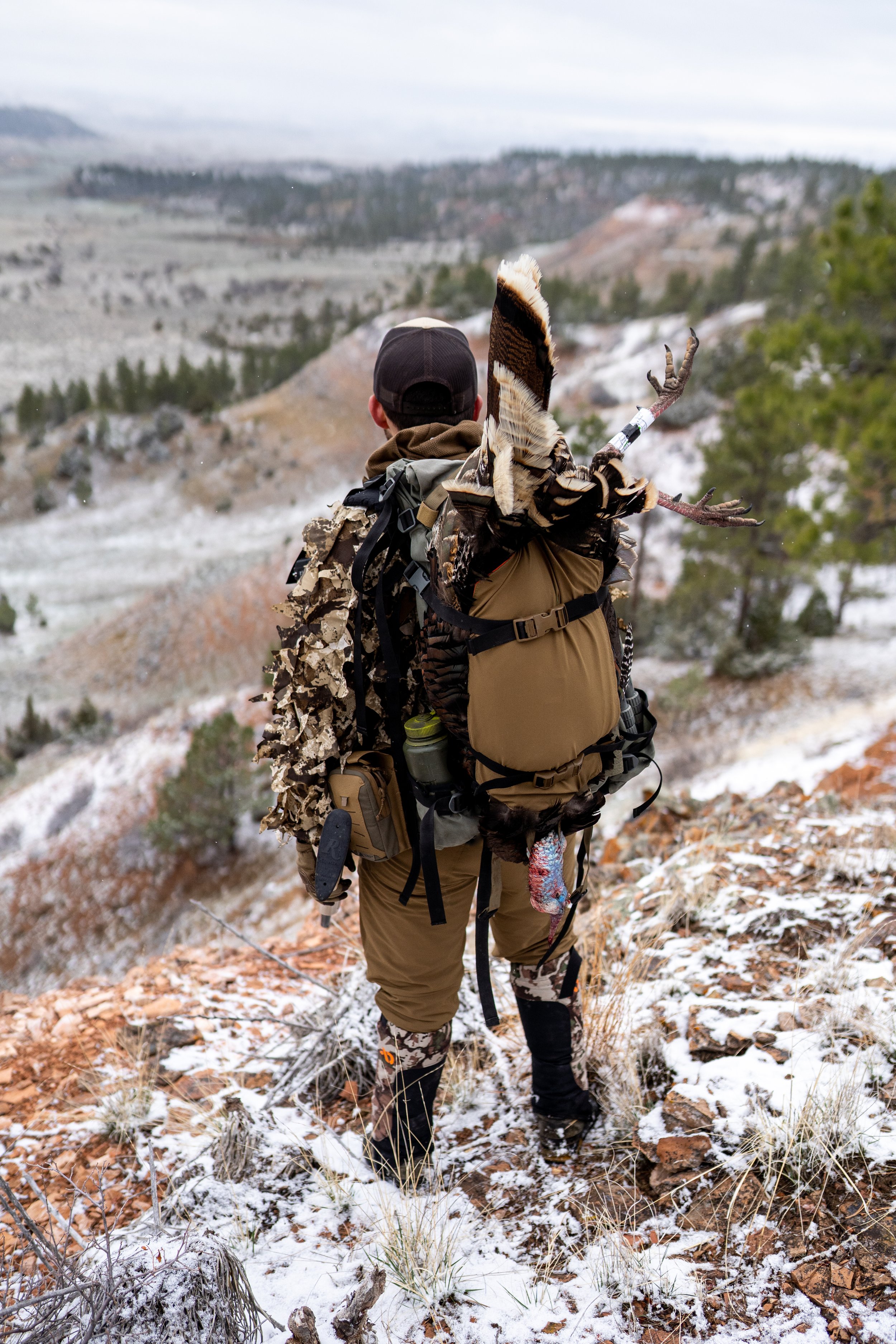 Rick Hutton surveys the landscape with a turkey in his pack