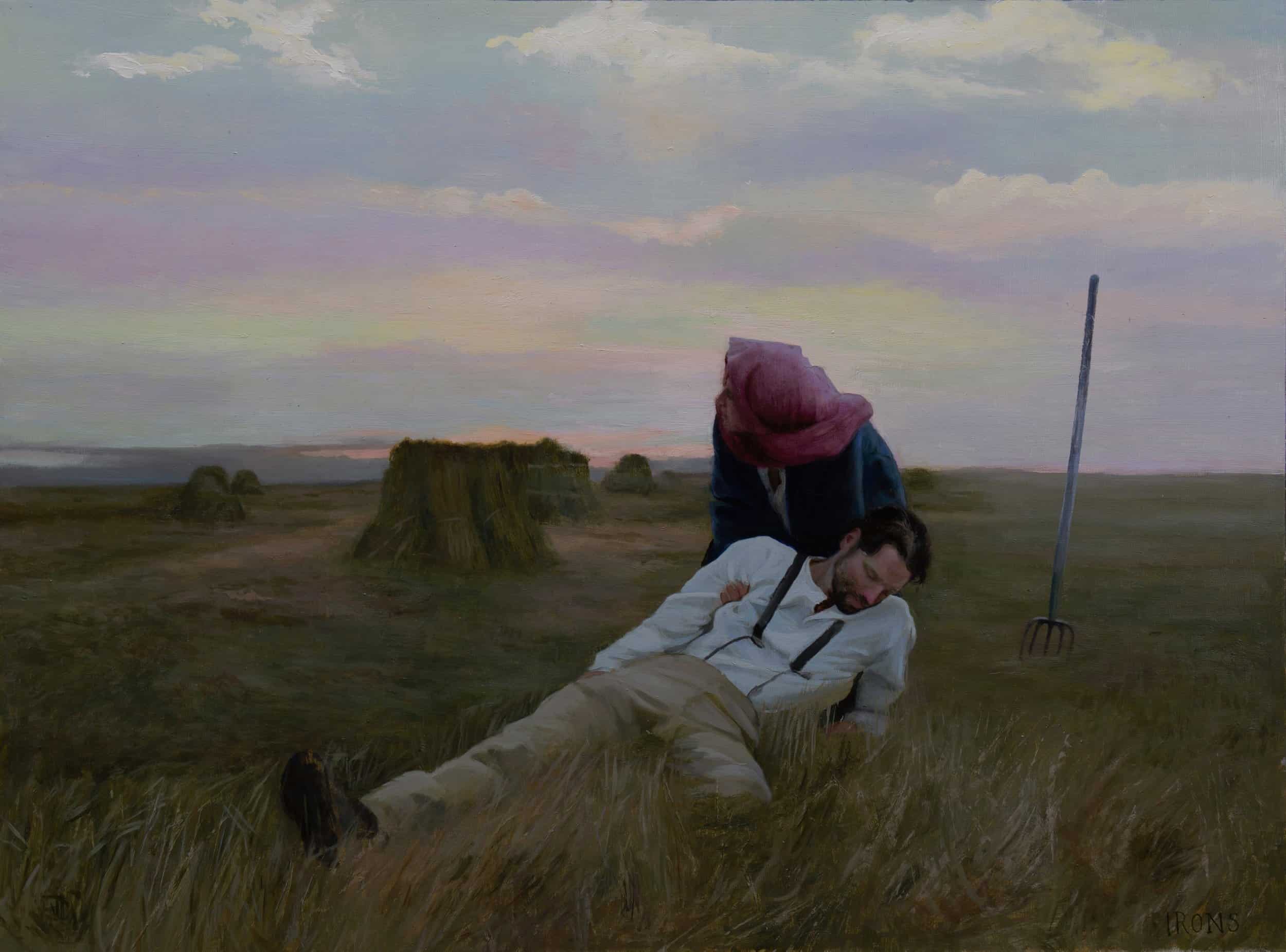 Painting of woman holding collapsed man in field