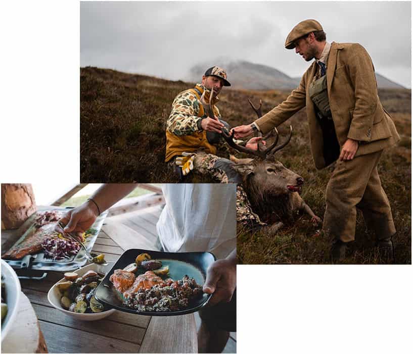 Deer hunting outdoors in rugged landscape with hunters in vintage-style attire, capturing the essence of responsible hunting and outdoor adventure for Modern Huntsman.