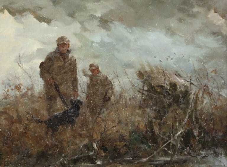 A hunter with a dog in a misty field during dawn or dusk, capturing the essence of outdoor hunting and nature exploration.